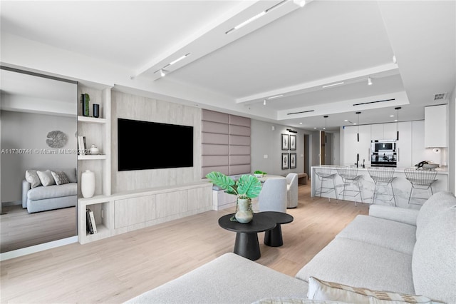 living room with light wood finished floors, visible vents, and track lighting