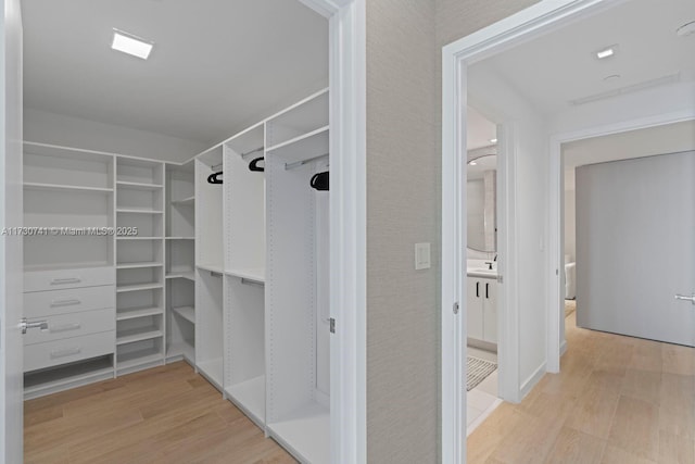 spacious closet featuring light hardwood / wood-style floors