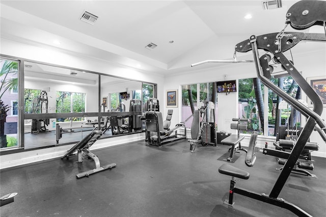 exercise room featuring lofted ceiling, visible vents, and recessed lighting