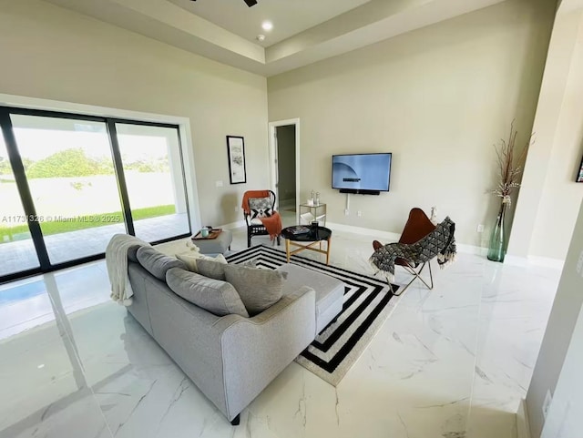 living room with a high ceiling