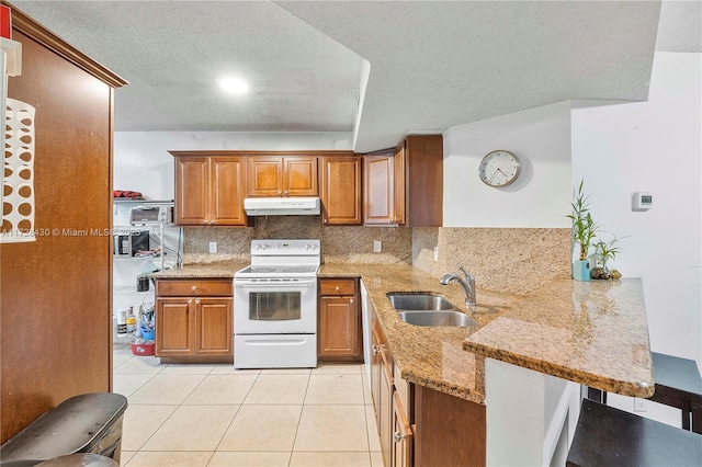 kitchen with sink, light tile patterned floors, kitchen peninsula, white range with electric cooktop, and backsplash