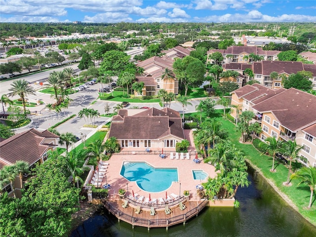 aerial view featuring a water view