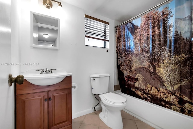 full bathroom featuring tile patterned flooring, vanity, toilet, and shower / bathtub combination with curtain