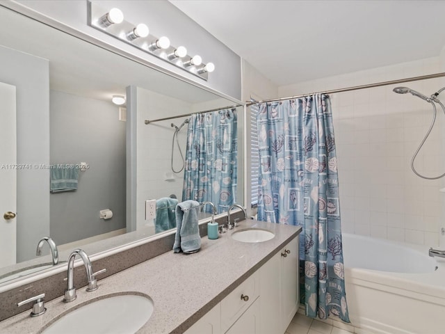 bathroom featuring tile patterned flooring, vanity, and shower / bathtub combination with curtain