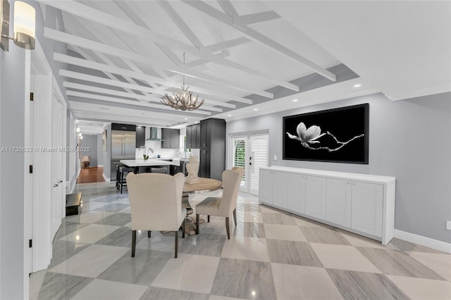 dining area featuring recessed lighting, a notable chandelier, and beam ceiling