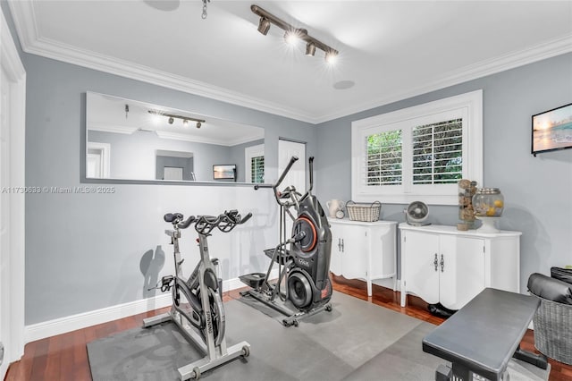workout room featuring rail lighting, baseboards, crown molding, and wood finished floors