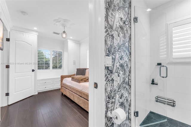 bathroom with a shower stall, visible vents, wood finished floors, and recessed lighting