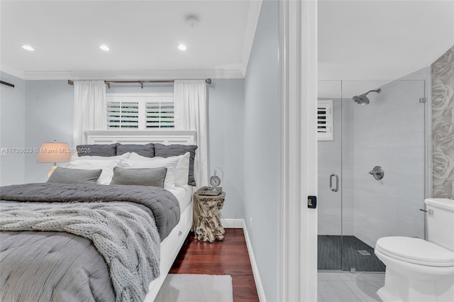 bedroom featuring ornamental molding, recessed lighting, wood finished floors, and baseboards