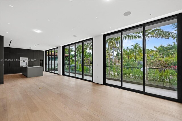 empty room with floor to ceiling windows and light hardwood / wood-style flooring