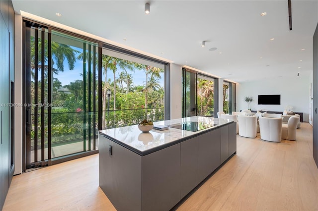 291 Palm Ave, Miami Beach, FL 33139 - kitchen with modern cabinets, a wall of windows, light wood-type flooring, a kitchen island, and gray cabinets