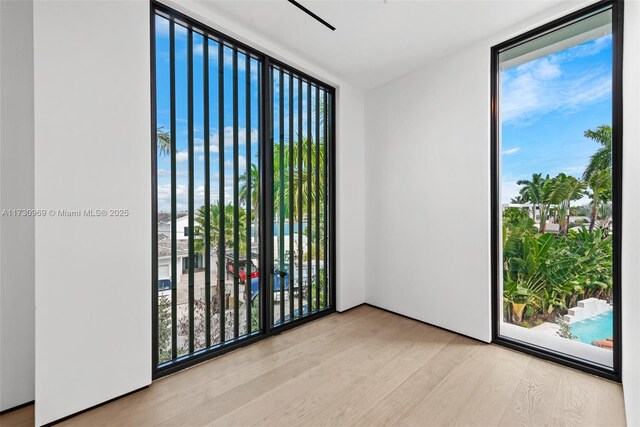 empty room with expansive windows, a healthy amount of sunlight, and light wood-type flooring