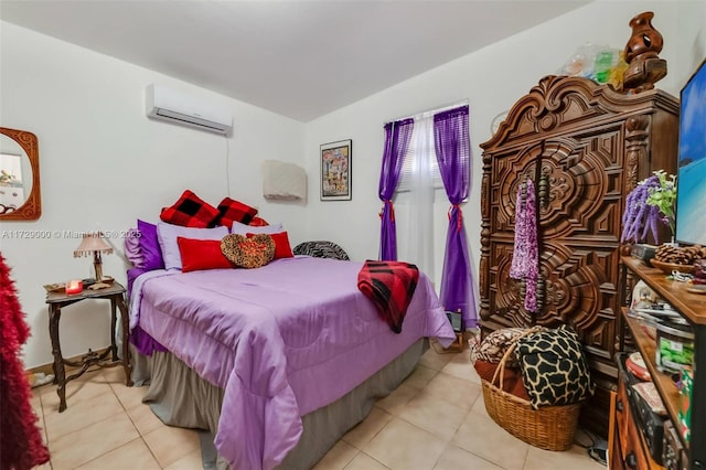 tiled bedroom with a wall mounted AC