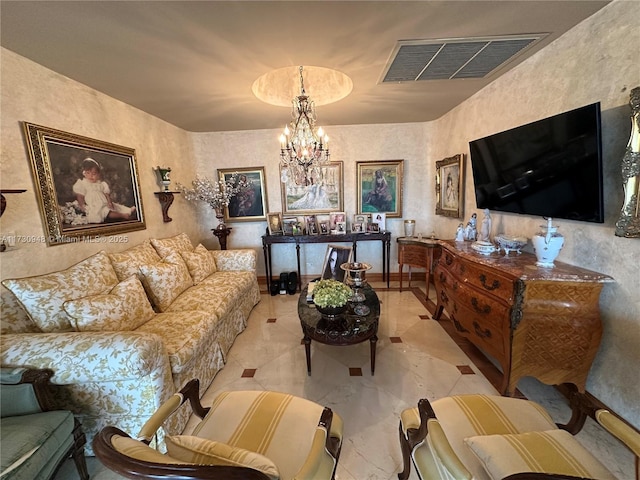 living room with a chandelier