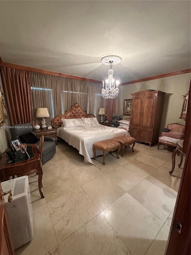 bedroom featuring ornamental molding and a notable chandelier