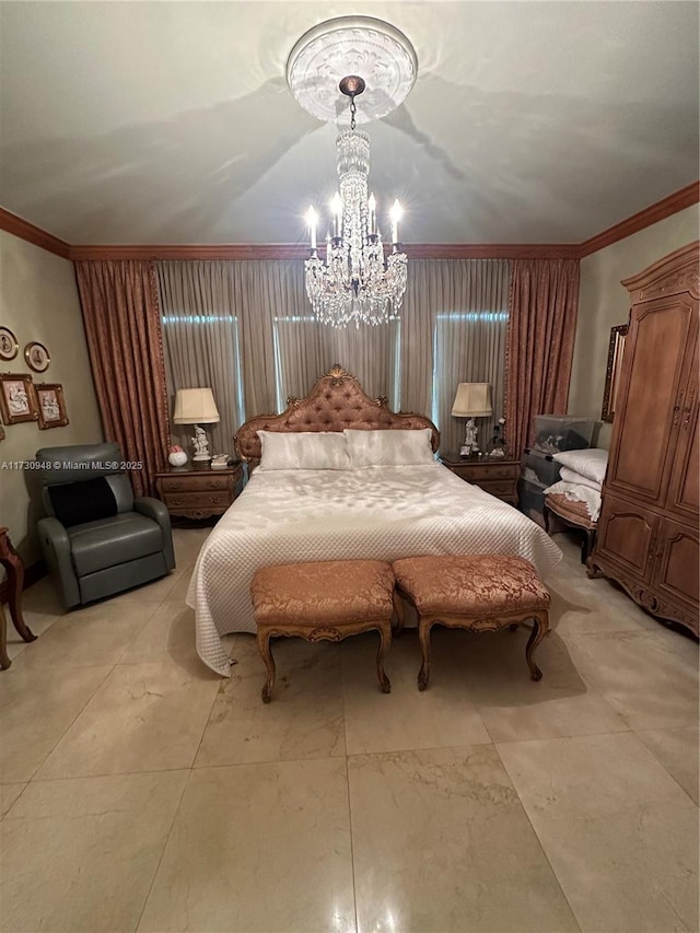 bedroom with a notable chandelier and crown molding