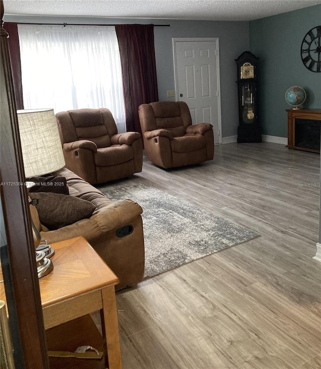 living room with hardwood / wood-style flooring and a textured ceiling