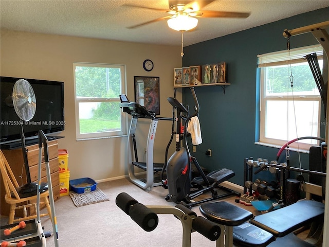 exercise room with ceiling fan, carpet, and a textured ceiling