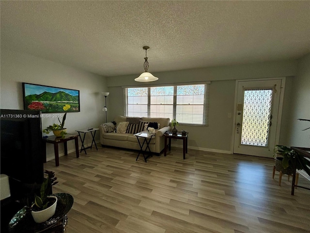 living room with wood-type flooring and a textured ceiling