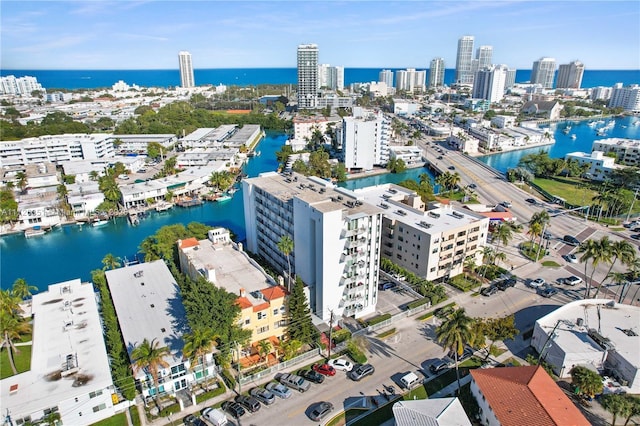 bird's eye view with a water view