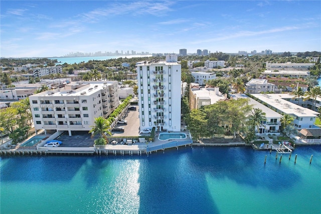 aerial view featuring a water view