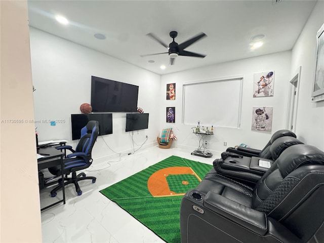 rec room with ceiling fan