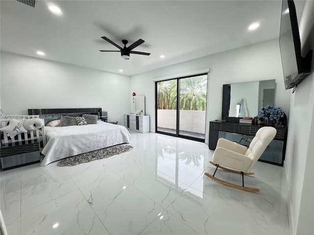 bedroom featuring access to exterior and ceiling fan