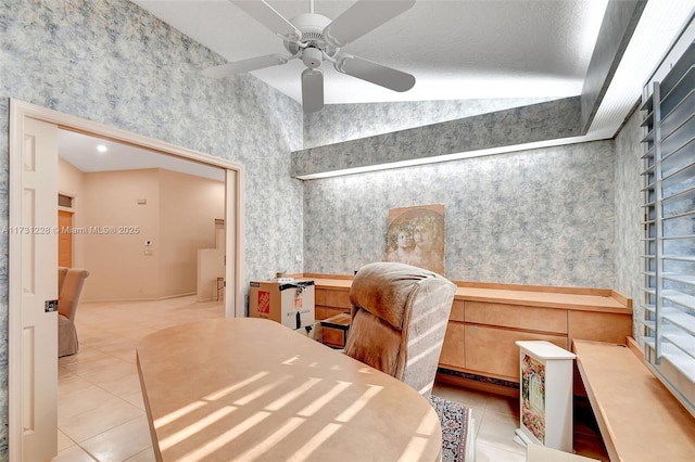 12915 Coral Lakes Dr, Boynton Beach, FL 33437 - bedroom with tile patterned flooring, wallpapered walls, and a ceiling fan