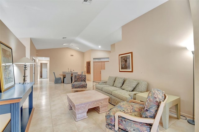 12915 Coral Lakes Dr, Boynton Beach, FL 33437 - living room with light tile patterned floors, vaulted ceiling, and recessed lighting