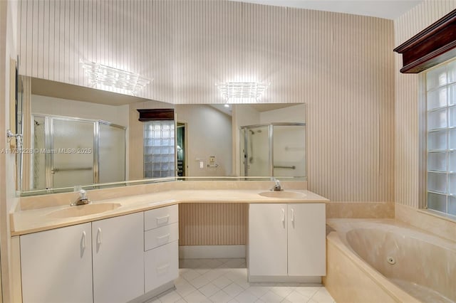 12915 Coral Lakes Dr, Boynton Beach, FL 33437 - full bathroom featuring a stall shower, tile patterned floors, double vanity, a whirlpool tub, and wallpapered walls