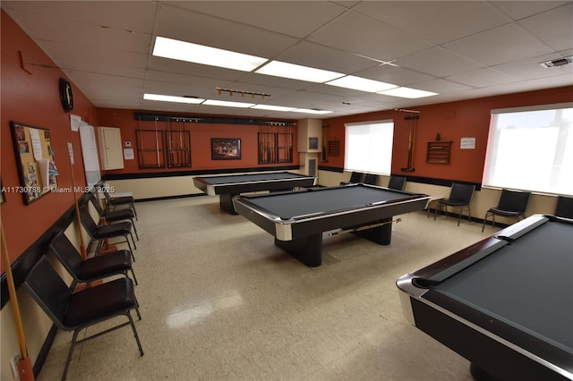 recreation room with pool table and a paneled ceiling