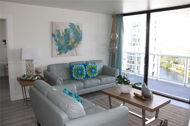 living room with hardwood / wood-style floors and expansive windows