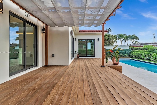 wooden deck with a fenced in pool