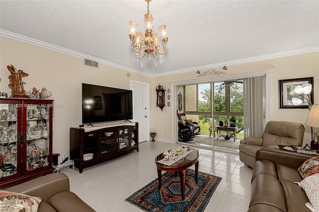 living room featuring crown molding and a textured ceiling