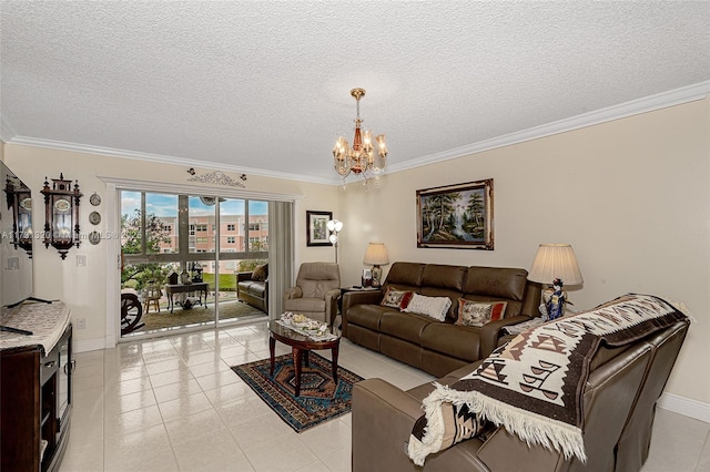 tiled living room featuring crown molding, an inviting chandelier, and a textured ceiling