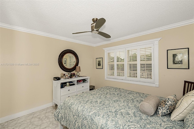 bedroom featuring ceiling fan, ornamental molding, and a textured ceiling