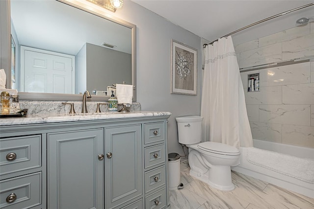 full bathroom with vanity, toilet, and shower / bath combo with shower curtain