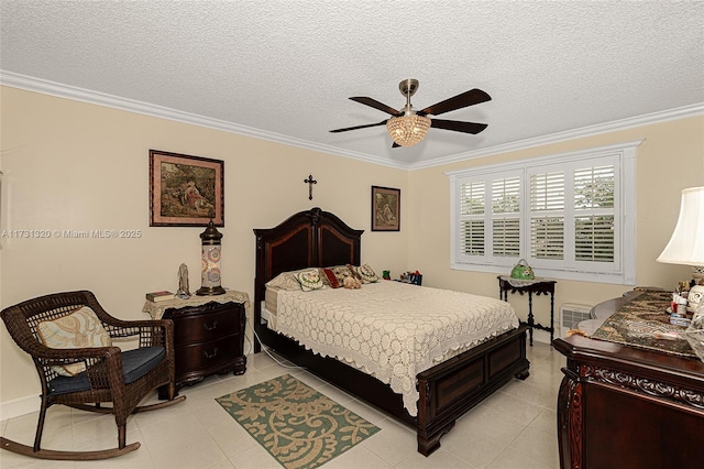 tiled bedroom with a textured ceiling, ornamental molding, and ceiling fan