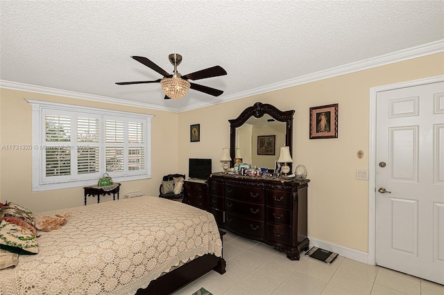 bedroom with light tile patterned flooring, ceiling fan, ornamental molding, and a textured ceiling