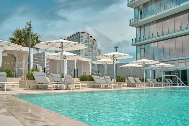 view of swimming pool featuring a patio area