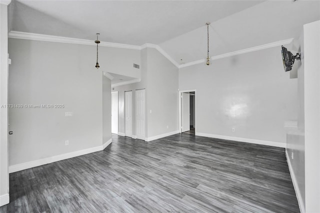 unfurnished living room featuring ornamental molding, dark hardwood / wood-style flooring, and high vaulted ceiling