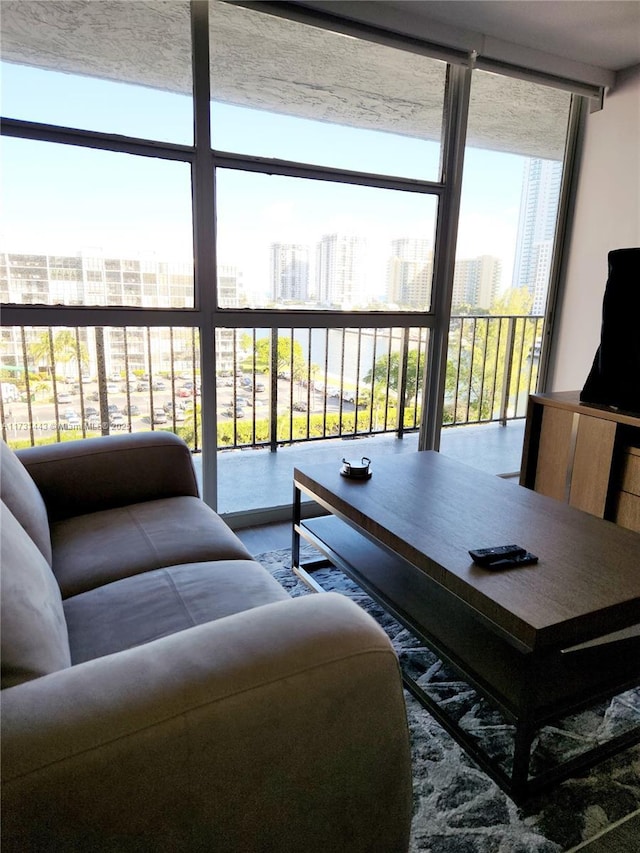 living room featuring a wall of windows