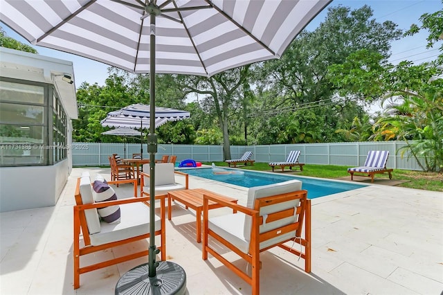 view of swimming pool with a patio area