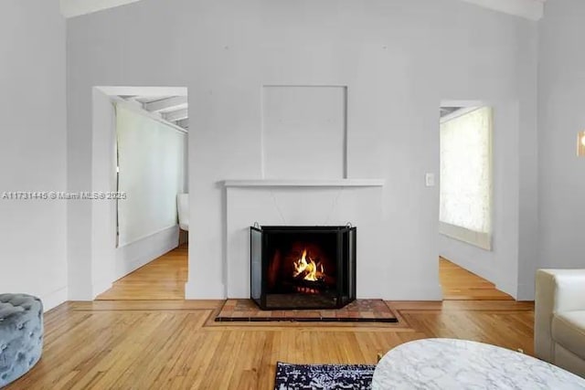 living room featuring hardwood / wood-style floors and vaulted ceiling