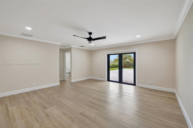 unfurnished room featuring crown molding, ceiling fan, and light hardwood / wood-style flooring