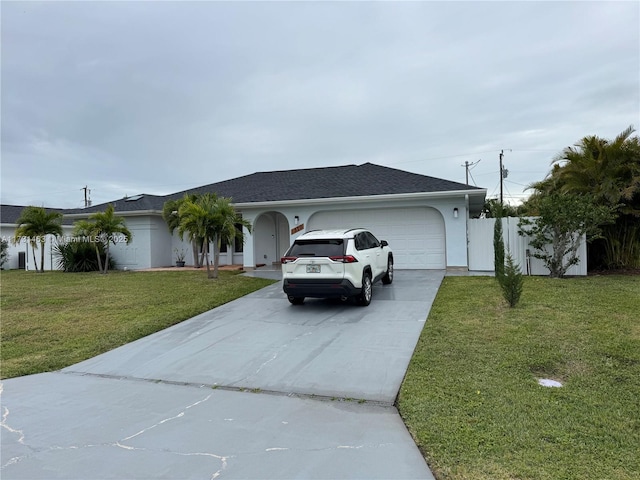 ranch-style house with a garage and a front yard