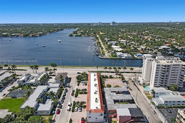 bird's eye view with a water view