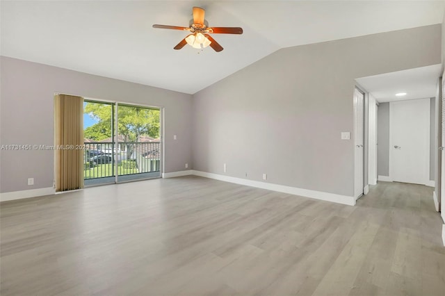 unfurnished room with vaulted ceiling, ceiling fan, and light hardwood / wood-style floors