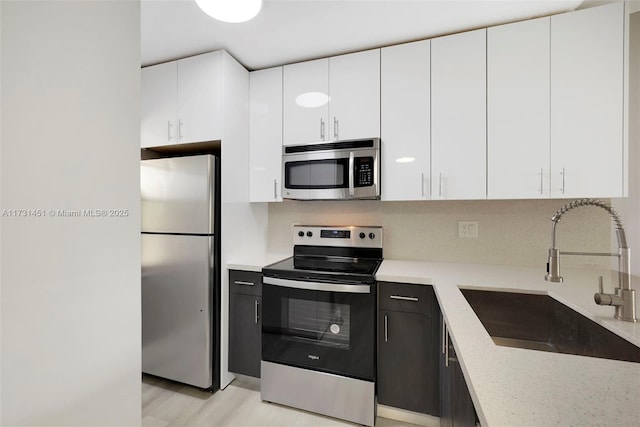 kitchen featuring sink, appliances with stainless steel finishes, white cabinets, decorative backsplash, and light wood-type flooring