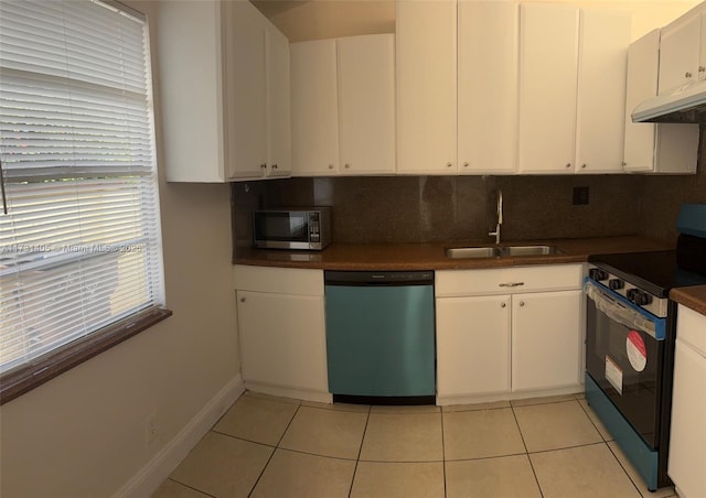 kitchen with sink, light tile patterned floors, appliances with stainless steel finishes, white cabinetry, and decorative backsplash