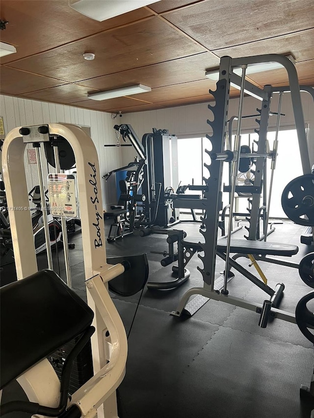 exercise room featuring wooden walls